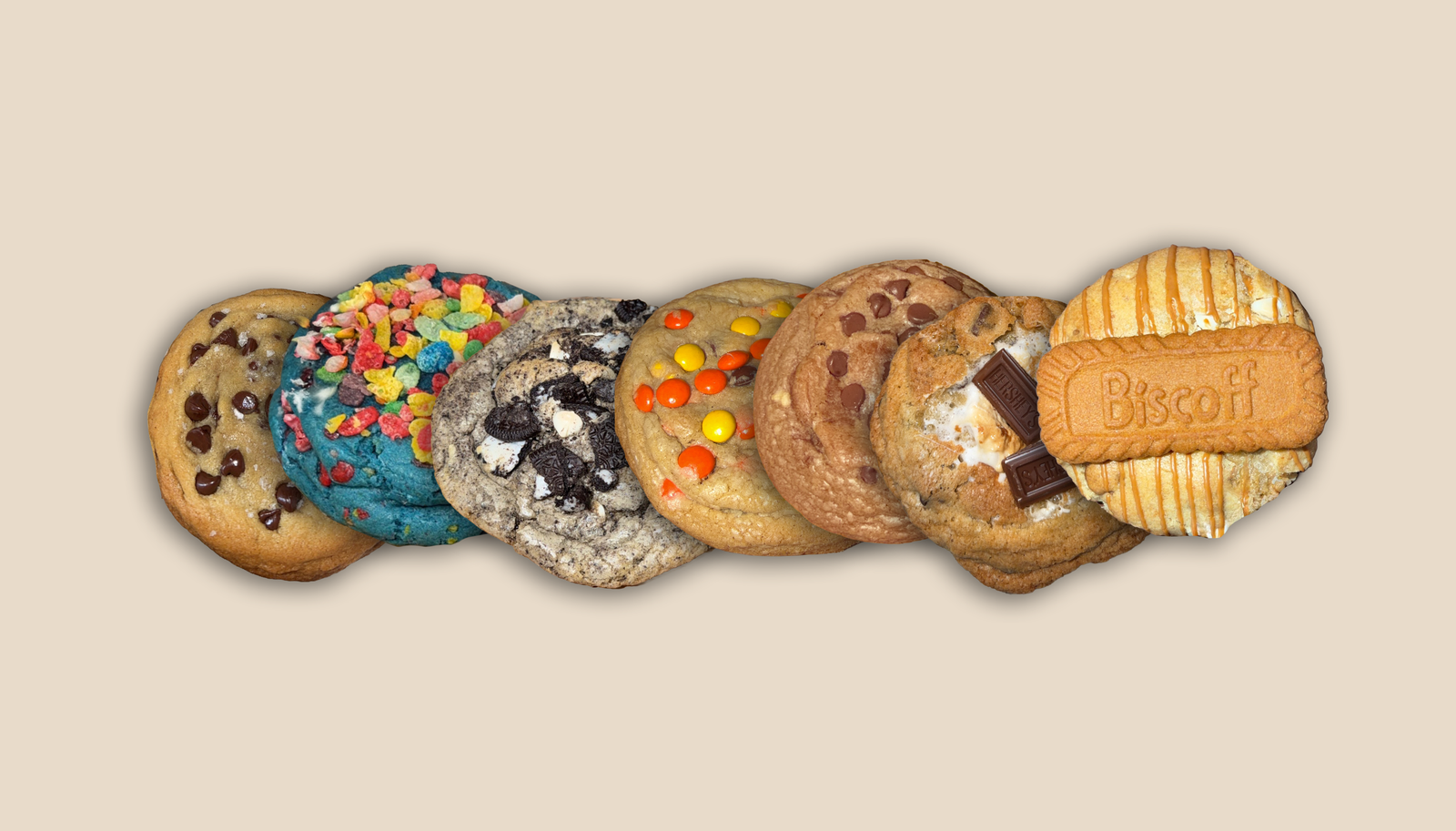 A lineup of Kaylee's Kitchen cookie flavors